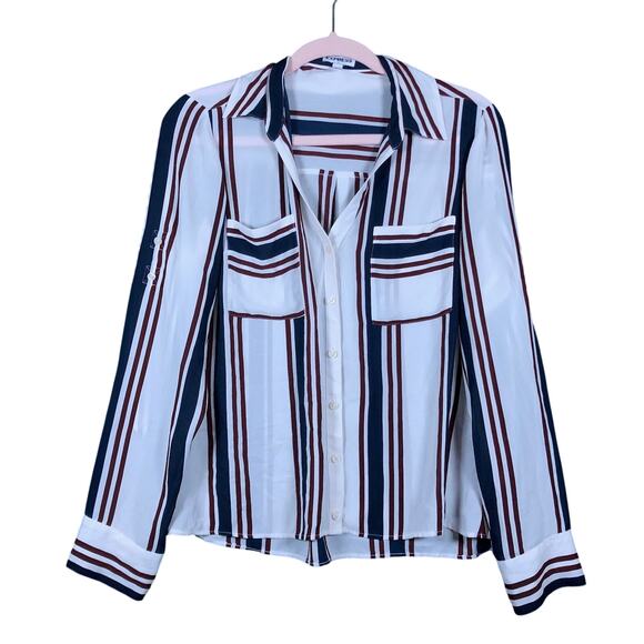 Express Womens Shirt White Multicolor Striped Collared Button Down Roll Tab M - Picture 1 of 12